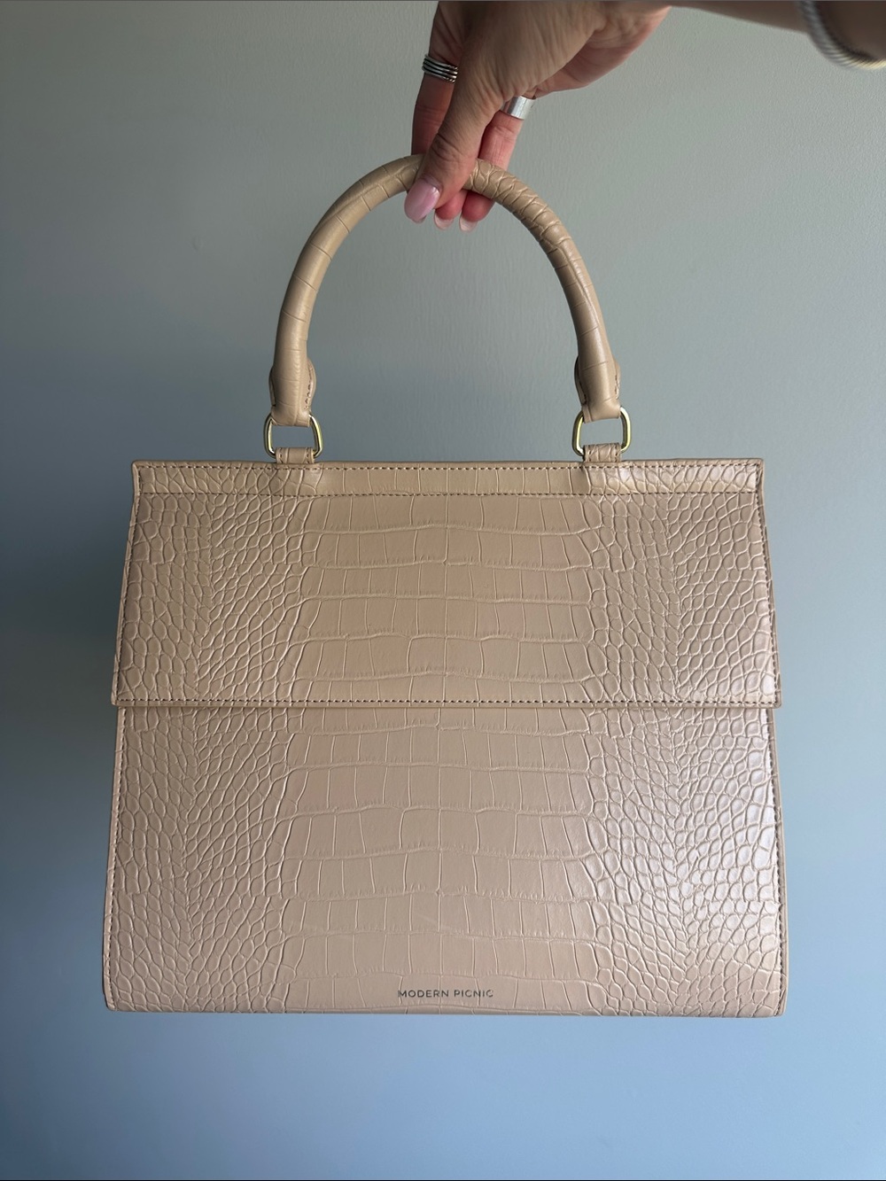 Modern Picnic Beige Croc-Embossed Top-Handle Satchel